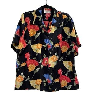 Voir Collection Floral Button Up Blouse Size M Vintage Black Multicolor Top